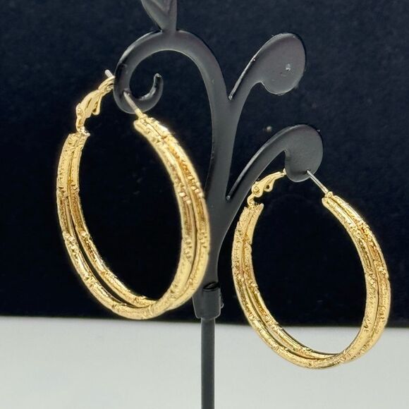 Ear Sense Gold Tone Textured Hoop Earrings 1 1/2 inch - Picture 3 of 4